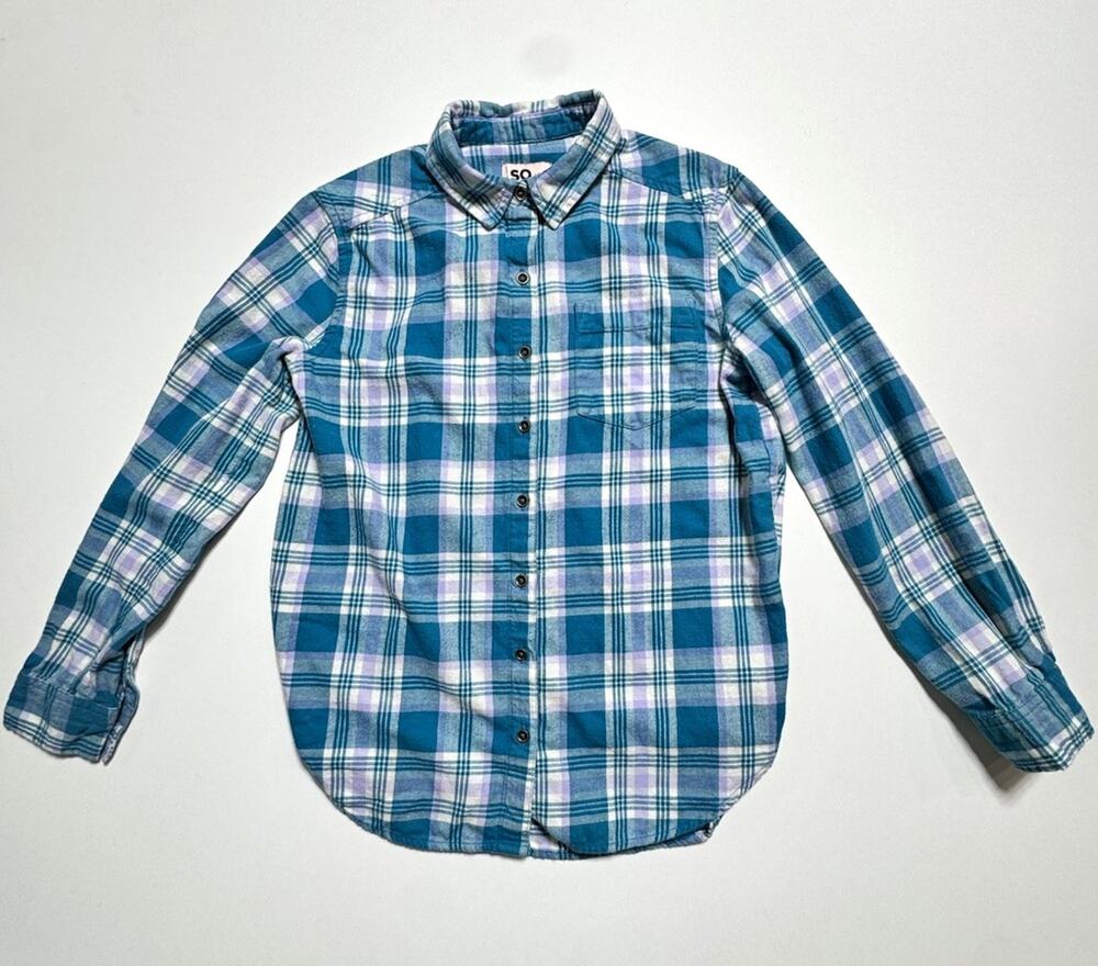 SO Girls 10-12 Blue Purple White Plaid Collared Long Sleeve Button-Up Shirt#1103
